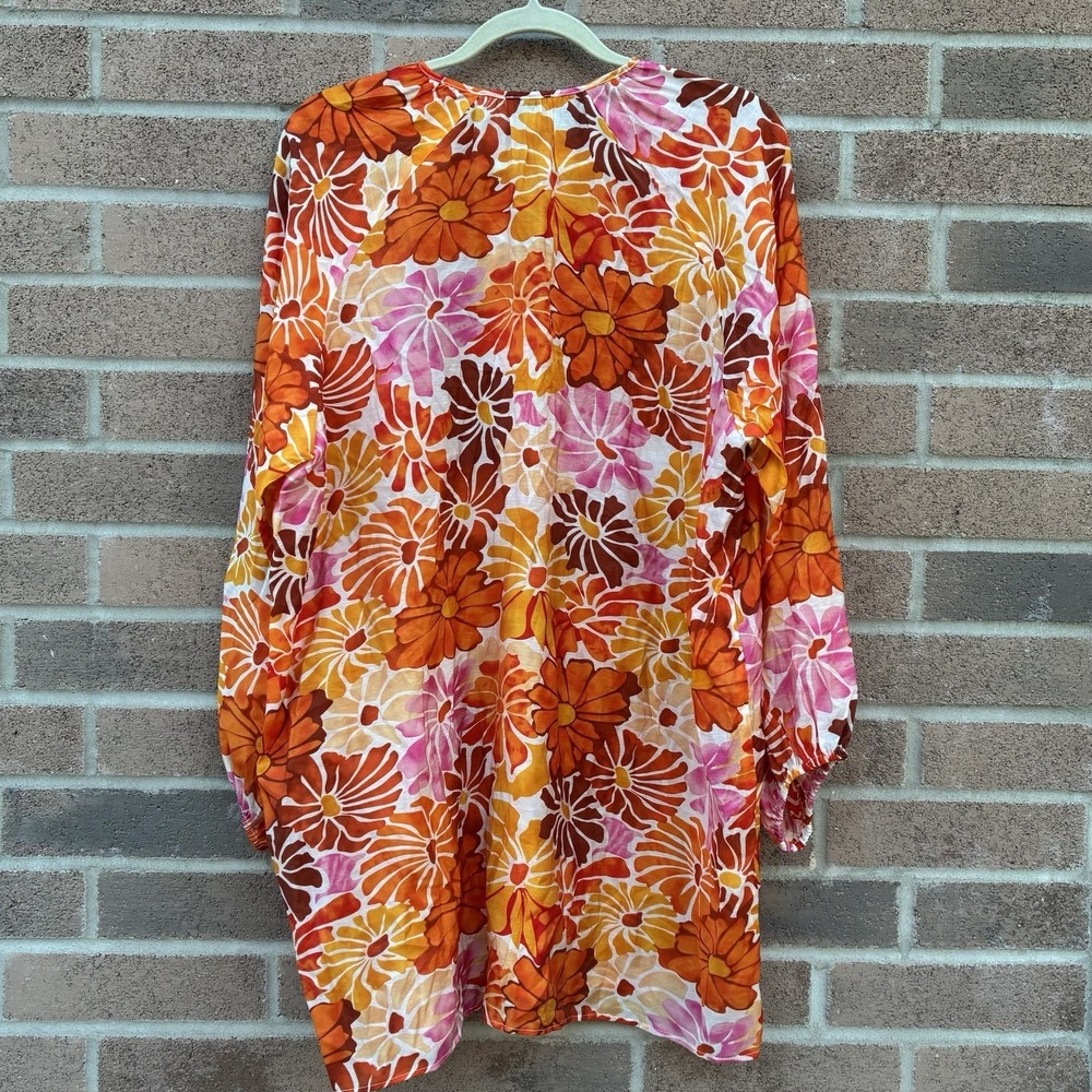NEW Anthropologie Maeve Kaftan Mini Dress Womens M/L Orange Floral Tie-Neck Boho - Picture 1 of 9